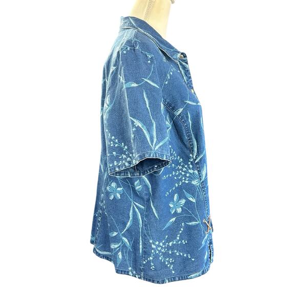 Requirements Shirt Women Sz XL Blue Floral Nautical Linen Blend Coastal Snap Top - Picture 4 of 11